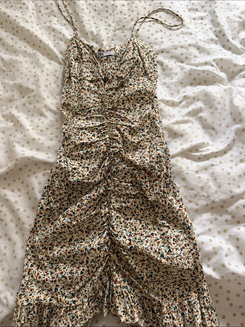 Zara Cream Floral Ruched Spaghetti-Strap Midi Dress